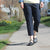 Mary Jane Navy Leather Shoe - Model Shot in spring wearing without socks on sidewalk